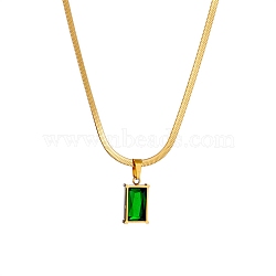 Sea Green Cubic Zirconic Rectangle Pendant Necklace, with Golden 304 Stainless Steel Herringbone Chains, Golden, 16 inch(40.7cm)(NJEW-Z028-01G)