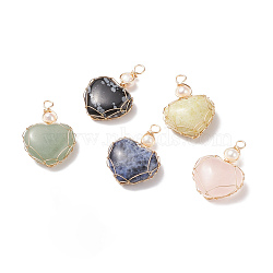 Natural Mixed Stone & Freshwater Pearl Pendants, with Real 18K Gold Plated Copper Wire Wrapped, Heart, 33~36.5x24.5x8.5~11.5mm, Hole: 4mm(PALLOY-JF01661)