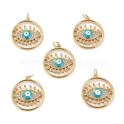 5Pcs Brass Micro Pave Cubic Zirconia Pendants, with Enamel, Long-Lasting Plated, Cadmium Free & Lead Free, Real 18K Gold Plated, Flat Round with Evil Eye, Cyan, 22x20x3mm, Hole: 3.6mm(ZIRC-SZ0002-71D)