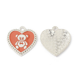 Alloy Enamel Pendants, Heart with Bear Pattern Charm, Platinum, Coral, 21x19x1.7mm, Hole: 2mm(ENAM-G212-06P-02)
