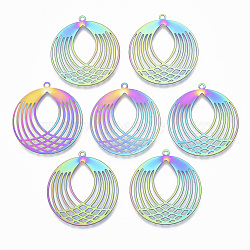 Ion Plating(IP) 201 Stainless Steel Filigree Pendants, Etched Metal Embellishments, Flat Round, Rainbow Color, 32.5x30x0.4mm, Hole: 1.5mm(X-STAS-T057-12)