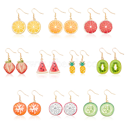 10 Pairs 10 Styles Pineapple & Pitaya Alloy Enamel Dangle Earrings, Light Gold Iron Fruit Drop Earrings for Women, Mixed Color, 40~43.5mm, Pin: 0.6mm, 1 Pair/style(EJEW-AN0001-37)