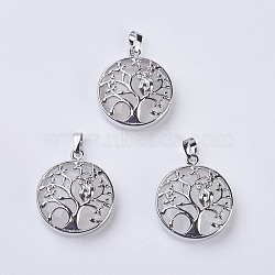 Natural Quartz Crystal Pendants, Rock Crystal Pendants, with Brass Findings, Flat Round with Tree of Life, Platinum, 31~32x27x8~9mm, Hole: 5x7mm(G-K234-E13)