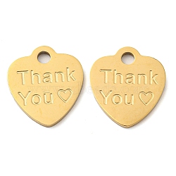 Valentine's Day 316 Surgical Stainless Steel Pendants, Laser Cut, Heart with Word Thank You, Golden, 16x15x1mm, Hole: 2mm(STAS-G325-18A)