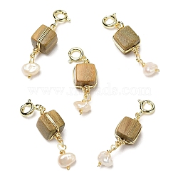 Wire Wrapped Verawood Cube Pendant Decorations, Natural Pearl Ornament with Brass Spring Ring Clasps, Real 14K Gold Plated, 33.5mm(KK-H445-04G)