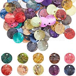 200Pcs 10 Colors Spray Painted Natural Akoya Shell Charms, Mother of Shell, Flat Round, Mixed Color, 13x1.5mm, Hole: 1mm, 20pcs/color(SHEL-SC0001-37)