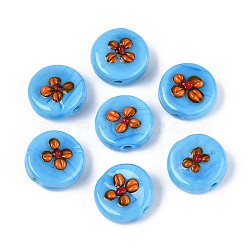 Handmade Lampwork Beads, Flat Round with Flower, Deep Sky Blue, 16~16.5x7~9mm, Hole: 1.2~1.8mm(LAMP-ZX003-10-01)