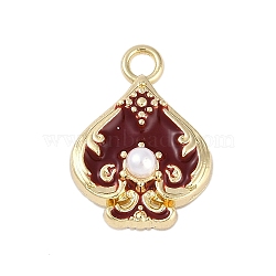 Rack Plating Alloy Enamel Pendants, with ABS Imitation Pearl Beads, Cadmium Free & Nickel Free & Lead Free, Spades Charm, Golden, Brown, 22x16x10mm, Hole: 2.7mm(PALLOY-P309-06G-04)