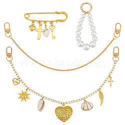 Bag Decorative Chain Kits, Including 1Pc Alloy Heart & Natural Shell Charm Aluminum Chain Bag Decorative Chains &1Pc Brooch & 1Pc Imitation Pearl Pendant Decoration, Golden, 365mm(HJEW-MA00031)