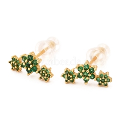 Brass Micro Pave Cubic Zirconia Stud Earrings, Real 18K Gold Plated, Flower, Green, 6.5x12.5mm, Pin: 1mm(EJEW-F273-15C-G)