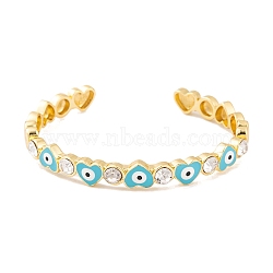 Heart Brass Pave Clear Cubic Zirconia Evil Eye Open Cuff Bangles with Enamel for Women, Real 18K Gold Platend, Light Sky Blue, Inner Diameter: 2-1/8~2-3/8 inch(5.4~5.9cm), 8mm(BJEW-S147-06G-02)