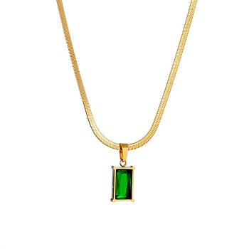 Sea Green Cubic Zirconic Rectangle Pendant Necklace, with Golden 304 Stainless Steel Herringbone Chains, Golden, 16 inch(40.7cm)
