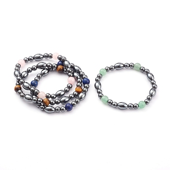 Non-magnetic Synthetic Hematite Beads Stretch Bracelets, with Natural Gemstone Beads, Round & Oval, Mixed Color, Inner Diameter: 2-1/4 inch(5.8cm)