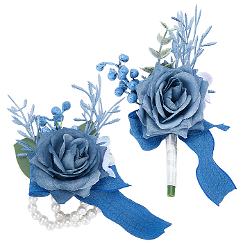 2Pcs 2 Style Silk Cloth & Plastic Imitation Flower Corsage Boutonniere & Wrist Corsage, for Wedding, Party Decorations, Slate Gray, 47x123x145mm, 1pc/style