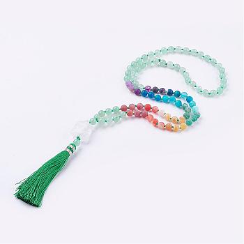 Frosted Natural Weathered Agate and Green Aventurine Necklace, with Nylon Tassel Pendants, 34.6 inch(88cm)