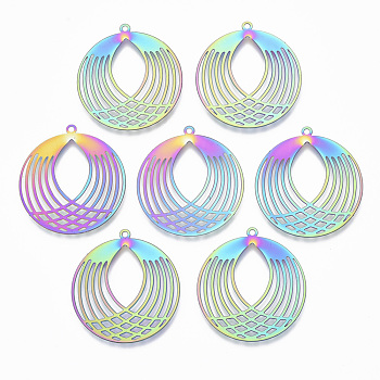 Ion Plating(IP) 201 Stainless Steel Filigree Pendants, Etched Metal Embellishments, Flat Round, Rainbow Color, 32.5x30x0.4mm, Hole: 1.5mm