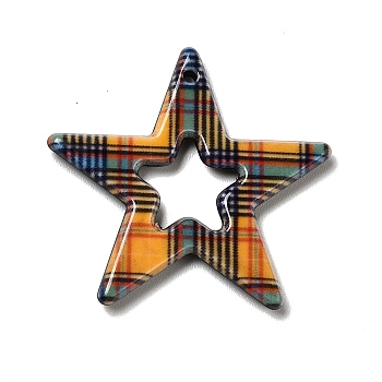 Acrylic Pendants, for DIY Earring Findings, Star with Tartan Pattern, Orange, 27x28x2mm, Hole: 1.4mm