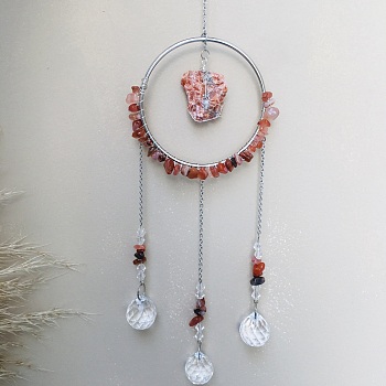 Glass Pendant Decoration, Suncatchers, with Metal Findings, Natural Carnelian, 400x90mm