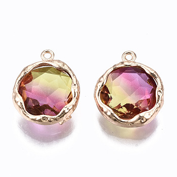 Two-Tone Faceted Glass Charms, with Brass Prong Settings, Flat Round, Light Gold, Violet, 14x12x4.5mm, Hole: 1mm