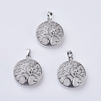 Natural Quartz Crystal Pendants, Rock Crystal Pendants, with Brass Findings, Flat Round with Tree of Life, Platinum, 31~32x27x8~9mm, Hole: 5x7mm