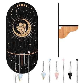 CRASPIRE Hanging Wooden Crystal Display Shelf, with Natural Rose Quartz & Opalite & Synthetic Blue Goldstone Hexagonal Pointed Dowsing Pendulums, Iron Hangers & Screws, Moon Pattern, Oval: 95x215x3mm