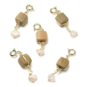 Wire Wrapped Verawood Cube Pendant Decorations, Natural Pearl Ornament with Brass Spring Ring Clasps, Real 14K Gold Plated, 33.5mm