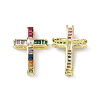 Rack Plating Brass Micro Pave Colorful Cubic Zirconia Pendants, Cadmium Free & Lead Free, Long-Lasting Plated, Religion Cross Charm, Real 18K Gold Plated, 33.5x22.5x7.5mm, Hole: 29.5x18mm