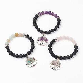 Natural Gemstone Charm Bracelets, with Tibetan Style Alloy Pendants, Lava Rock Beads and Lotus Spacer Beads, Tree of Life, Antique Silver, 2-1/8 inch(54mm)