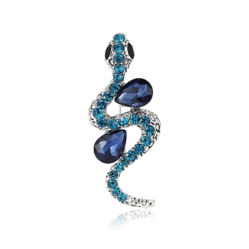 Alloy Rhinestone Brooch for Backpack Clothes, Snake, Denim Blue, 60x21mm