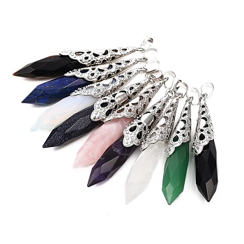 Gemstone Big Pointed Pendants, with Brass Pinch Bails, Teardrop, Faceted, Platinum, 65x11.5mm, Hole: 7.8x5mm