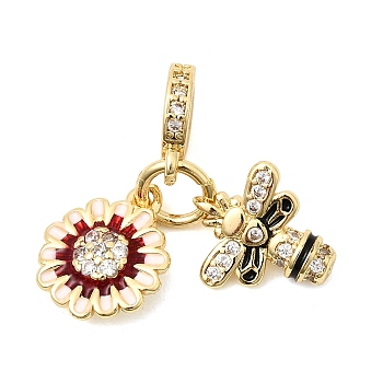 Brass Micro Pave Cubic Zirconia European Dangle Charms, Large Hole Pendants with FireBrick Enamel, Real 18K Gold Platd, Cadmium Free & Lead Free, Long-Lasting Plated, Rack Plating, Flower, 23mm, Hole: 4mm