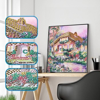 5D DIY Diamond Painting Kits For Kids, with Diamond Painting Cloth, Resin Rhinestones, Diamond Sticky Pen, Tweezers, Tray Plate and Glue Clay, Forest Cabin Pattern, Mixed Color, 30x30cm
