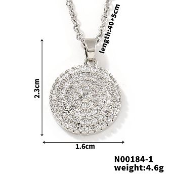 Fashionable Versatile Brass Micro Pave Clear Cubic Zirconia Geometric Flat Round Necklaces for Women, Platinum, 15.75 inch(40cm)