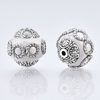 Round Handmade Indonesia Beads, with Alloy Cores, Antique Silver, WhiteSmoke, 14~15x15mm, Hole: 1.5mm