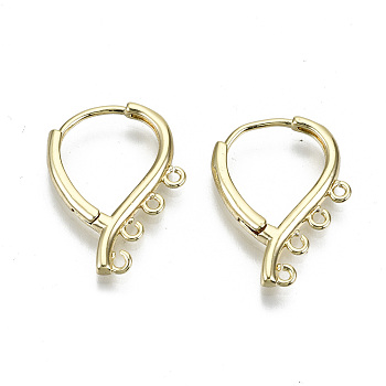 Brass Huggie Hoop Earring, with 4 Loops, Nickel Free, Teardrop, Real 18K Gold Plated, 21x16x2mm, Hole: 1.2mm, Pin: 0.9mm