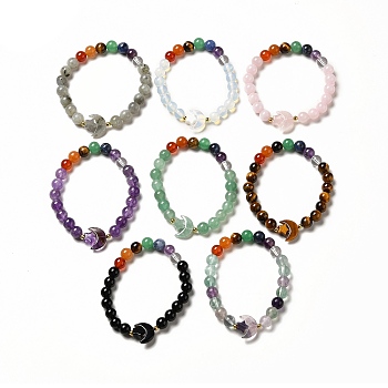 Moon and Star Natural & Synthetic Mixed Gemstone Beaded Stretch Bracelet for Women, Inner Diameter: 2 inch(5.2cm)