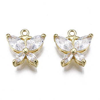 Brass Inlaid Clear Cubic Zirconia Charms, Butterfly, Golden, 13.5x13x4mm, Hole: 1.4mm