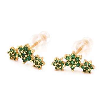 Brass Micro Pave Cubic Zirconia Stud Earrings, Real 18K Gold Plated, Flower, Green, 6.5x12.5mm, Pin: 1mm