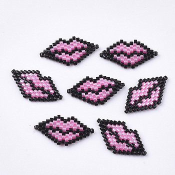 Handmade Japanese Seed Beads Links, with Nylon Wire, Loom Pattern, Lip, Pearl Pink, 13x21x1.7mm, Hole: 0.7mm