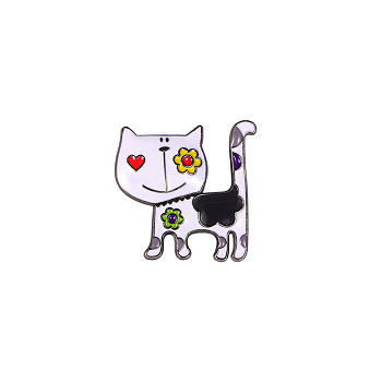 Cat with Flower Badges, Alloy Enamel Pins, Cute Cartoon Brooch, White, 26x25mm