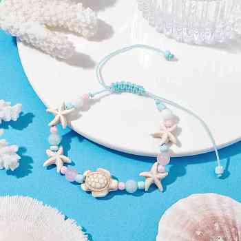 2Pcs Starfish & Turtle Dyed Natural Malaysia Jade & Synthetic Turquoise Braided Bead Bracelet, Ocean Theme Nylon Cord Adjustable Bracelets for Women, Inner Diameter: 1-5/8~3 inch(4~7.5cm), 2pcs/set