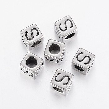 304 Stainless Steel Large Hole Letter European Beads, Cube with Letter.S, Antique Silver, 8x8x8mm, Hole: 5mm