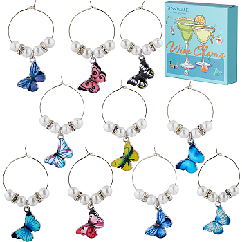 Butterfly Alloy Enamel Wine Glass Charms, with Brass Rings and Glass Pearl Bead, Mixed Color, 52mm, 10pcs/set