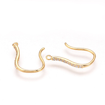 Brass Micro Pave Cubic Zirconia Earring Hooks, with Horizontal Loop, Nickel Free, Real 18K Gold Plated, 17x2x1.5mm, Hole: 1mm, 18 Gauge, Pin: 1mm