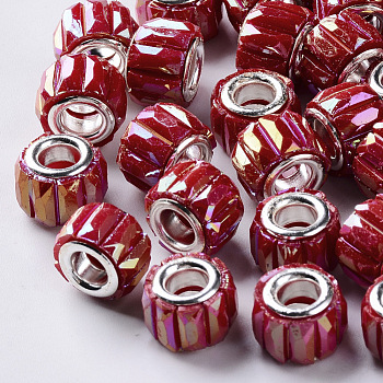 Opaque Resin European Beads, Large Hole Beads, with Silver Color Plated Double Brass Cores, Faceted, AB Color Plated, Column, Red, 11.5x8mm, Hole: 5mm