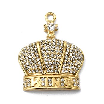 304 Stainless Steel Pendants,  with Rhinestone, Crown Charms with Word King, Real 14K Gold Plated, 44x34.5x10.5mm, Hole: 3.5mm