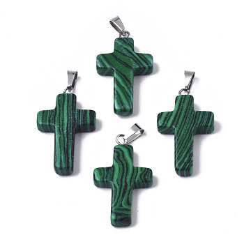 Synthetic Malachite Pendants, Dyed, with Brass Pinch Bails, Platinum Plated, Cross, 26~30.5x15.5~19.5x4~6mm, Hole: 3x6mm