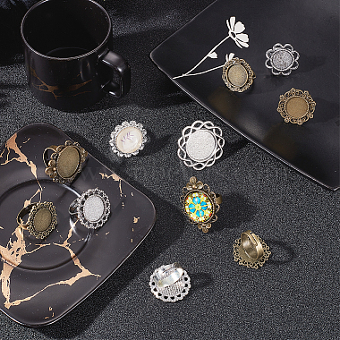 32Pcs 8 Style Vintage Adjustable Iron Flower Finger Ring Components with Alloy Cabochon Bezel Settings(DIY-NB0008-14)-4