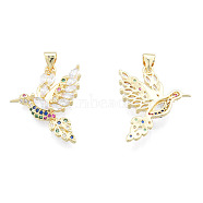 Brass Micro Pave Colorful Cubic Zirconia Pendants, with Brass Snap on Bails, Nickel Free, Hummingbird, Real 18K Gold Plated, 21x23x4.5mm, Hole: 3x4mm(ZIRC-N039-269)