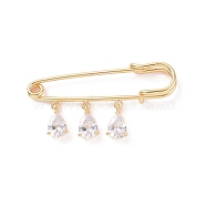 Clear Cubic Zirconia Teardrop Charms Safety Pin Brooch, Brass Sweater Shawl Clips for Waist Pants Extender Clothes Dresses Decorations, Golden, 25x50x7mm, Pin: 1.5mm(JEWB-BR00084)